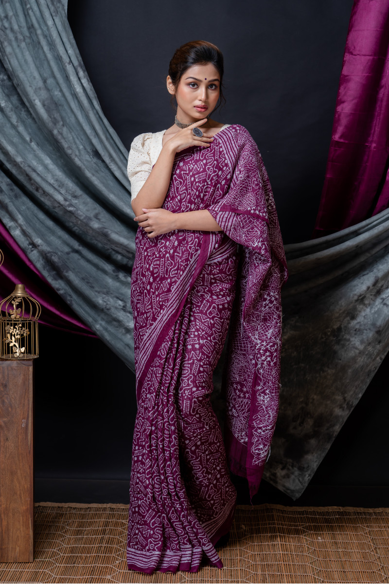 Plum Purple Batik Kantha Linen Saree - BBS147